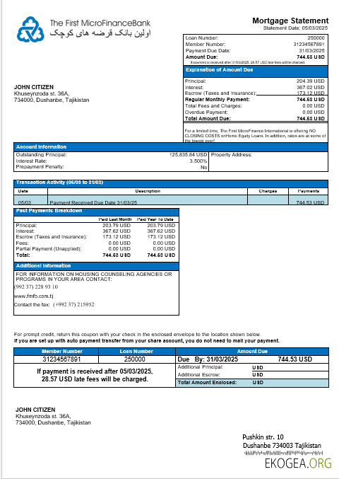 Relevé hypothécaire tadjik de The First MicroFinance (FMFB) aux formats Word et PDF